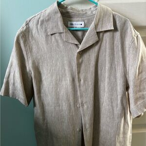 Zara Men's Linen Tan Button Down Shirt